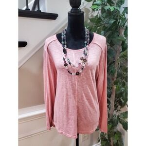 Style & Co. Women's Pink Solid Cotton Round Neck Long Sleeve Top Blouse Large